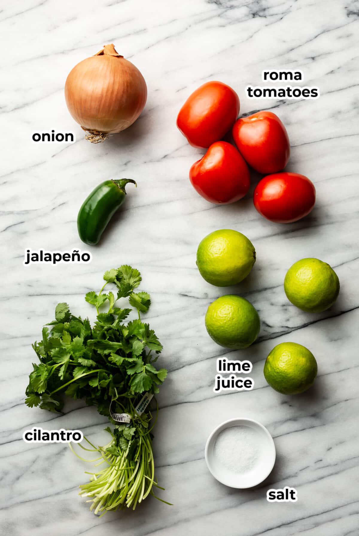 ingredients for pico de gallo on a marble counter