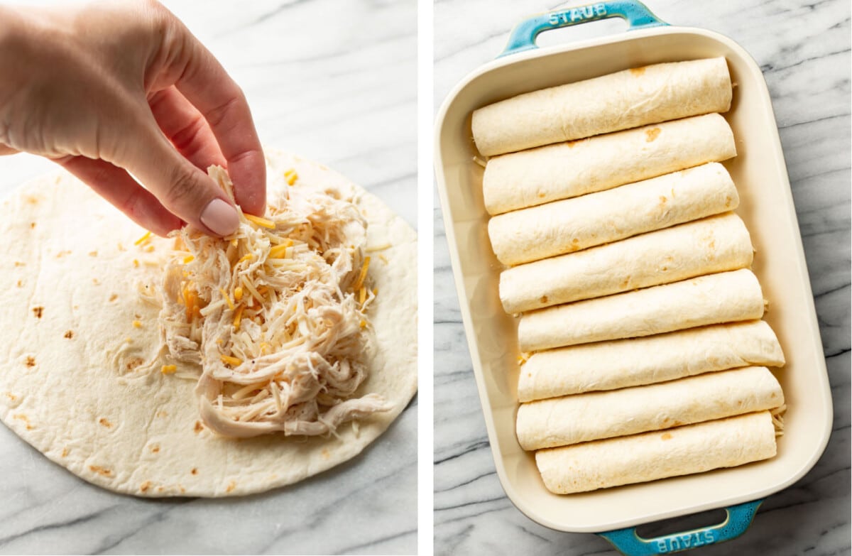 adding chicken to a tortilla and arranging enchiladas in a casserole dish