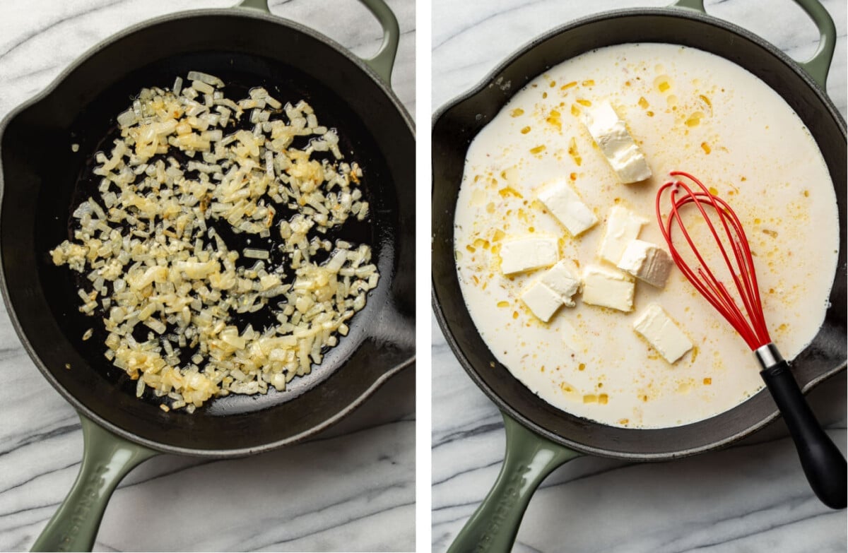 sautéing onions and whisking creamy enchilada sauce in a skillet