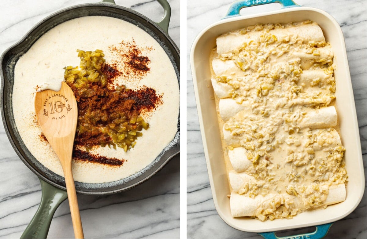 mixing seasoning into a skillet with enchilada sauce and pouring into a baking dish with tortillas