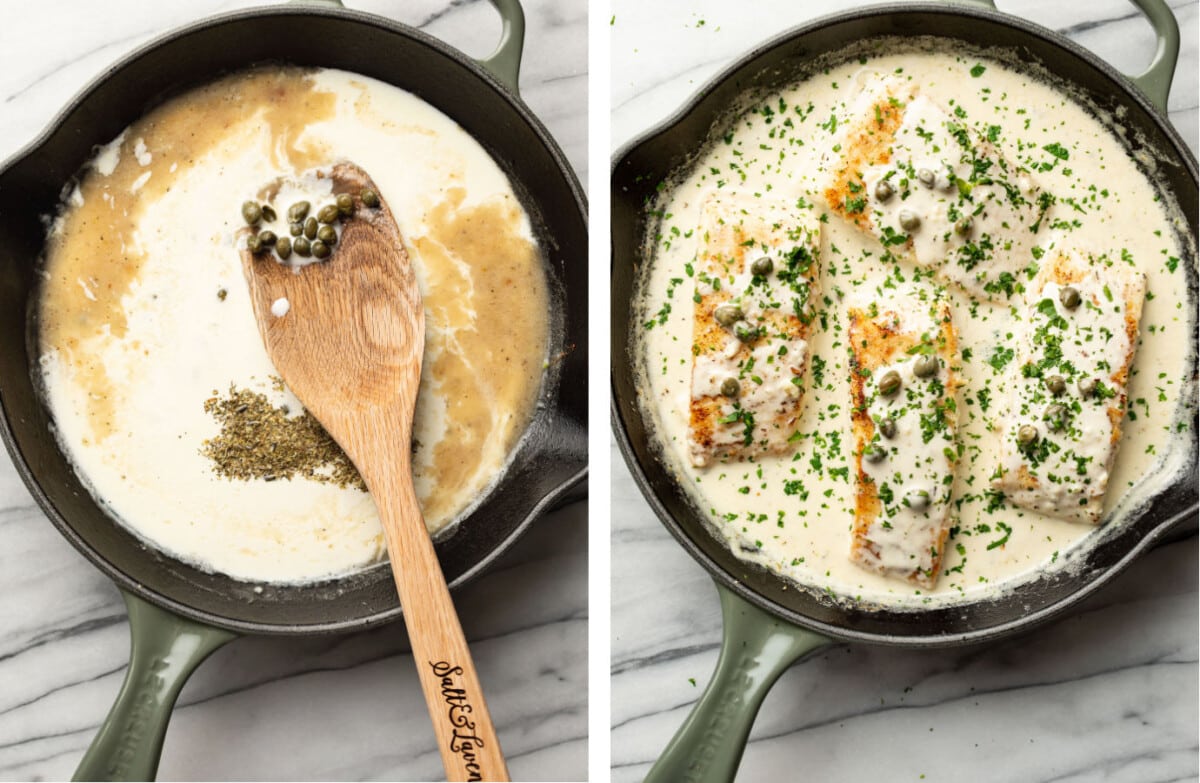 making a creamy white wine sauce in a skillet and adding in halibut