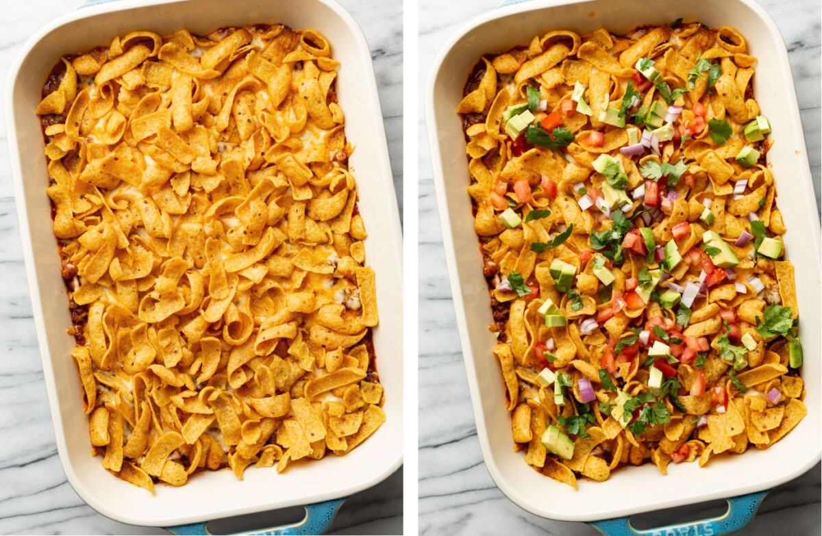 frito pie in a baking dish before and after adding toppings