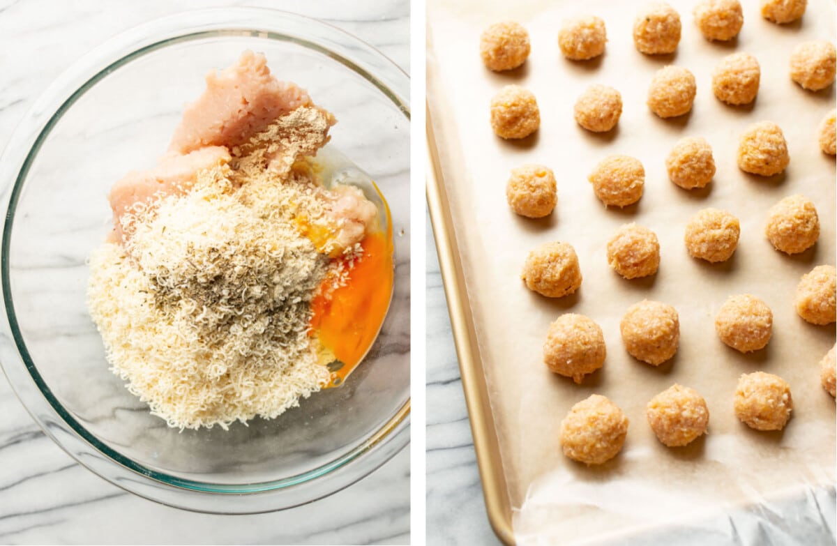 mixing chicken meatball ingredients in a prep bowl and forming meatballs