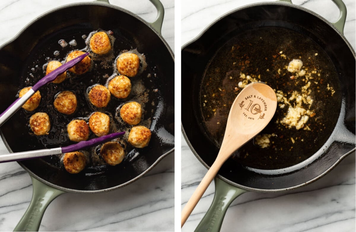 browning chicken meatballs in a skillet and making marry me sauce
