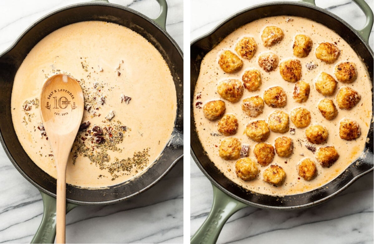adding cream to a skillet with marry me chicken meatballs