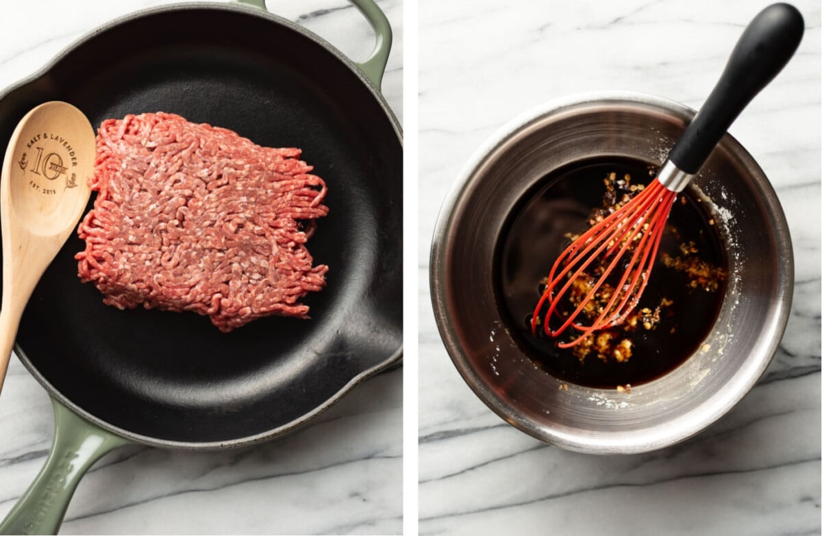 cooking ground beef in a skillet and whisking mongolian beef sauce in a prep bowl