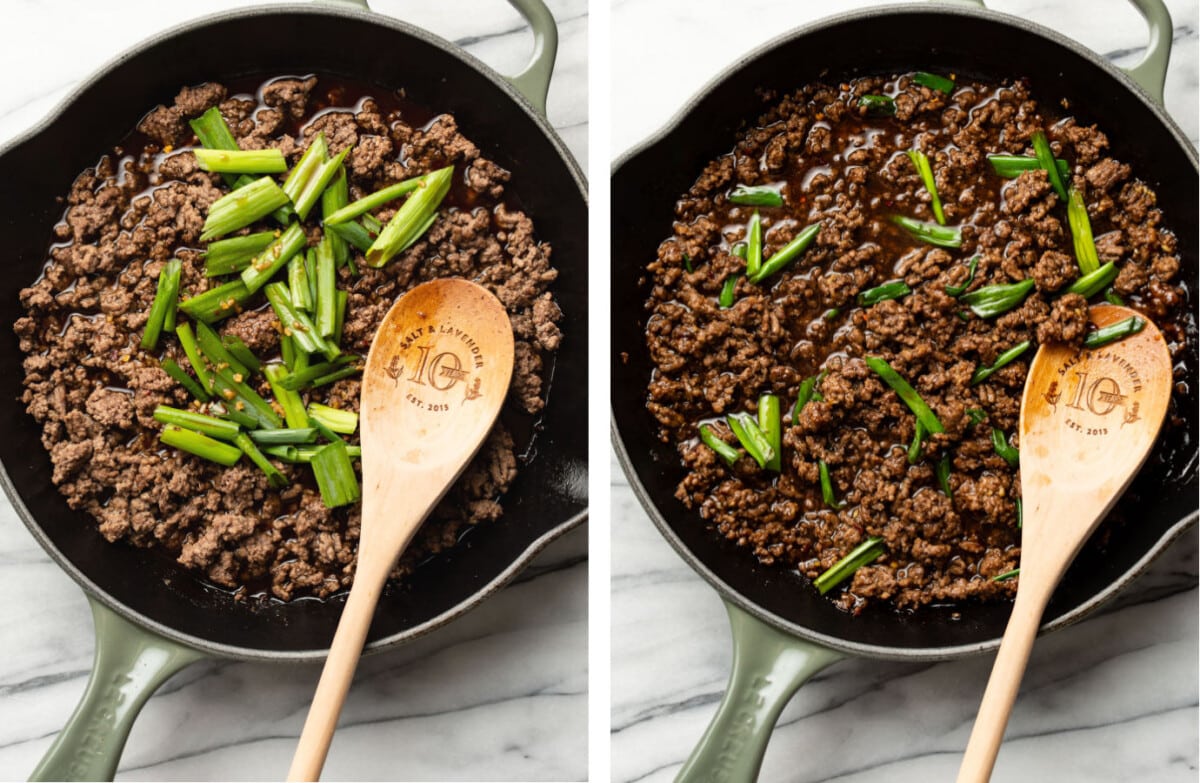 a skillet with mongolian ground beef before and after cooking