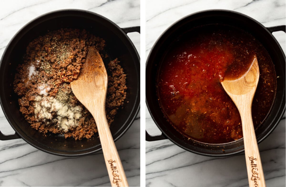 making tomato sauce in a dutch oven for rotini pasta