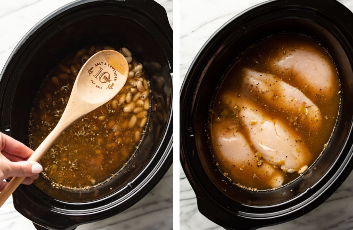 making broth for white chicken chili in a slow cooker and adding chicken