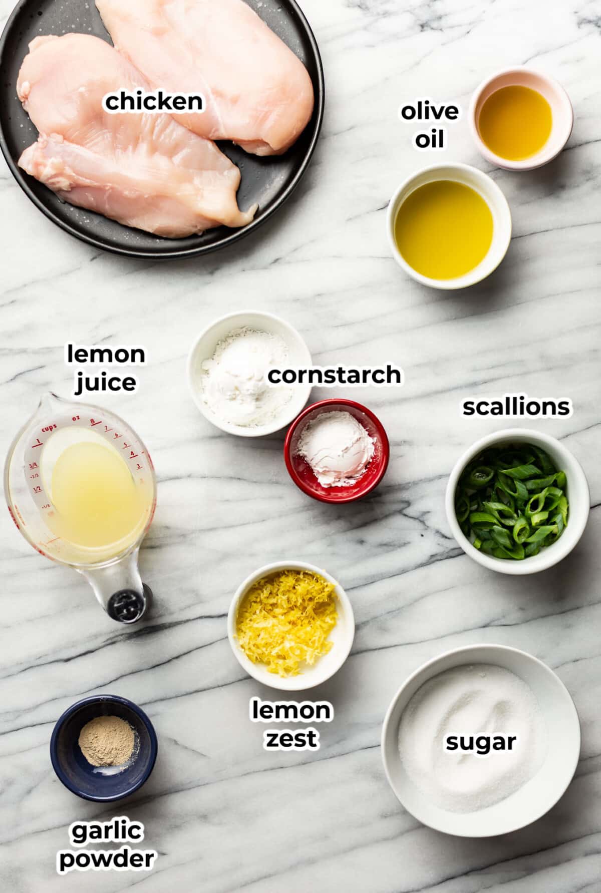 ingredients for chinese lemon chicken in prep bowls