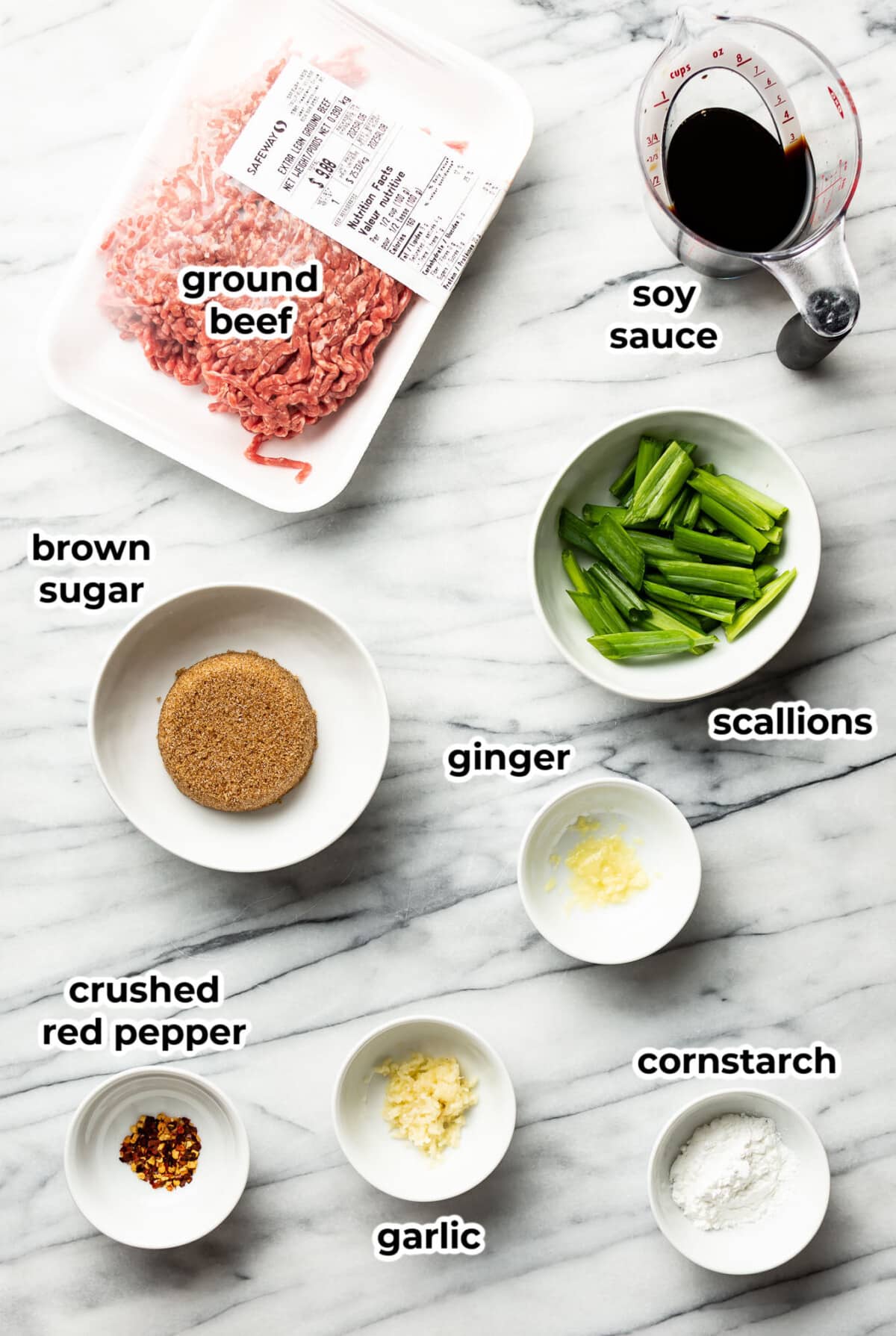 ingredients for mongolian ground beef in prep bowls
