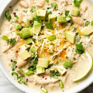 a bowl of slow cooker white chicken chili
