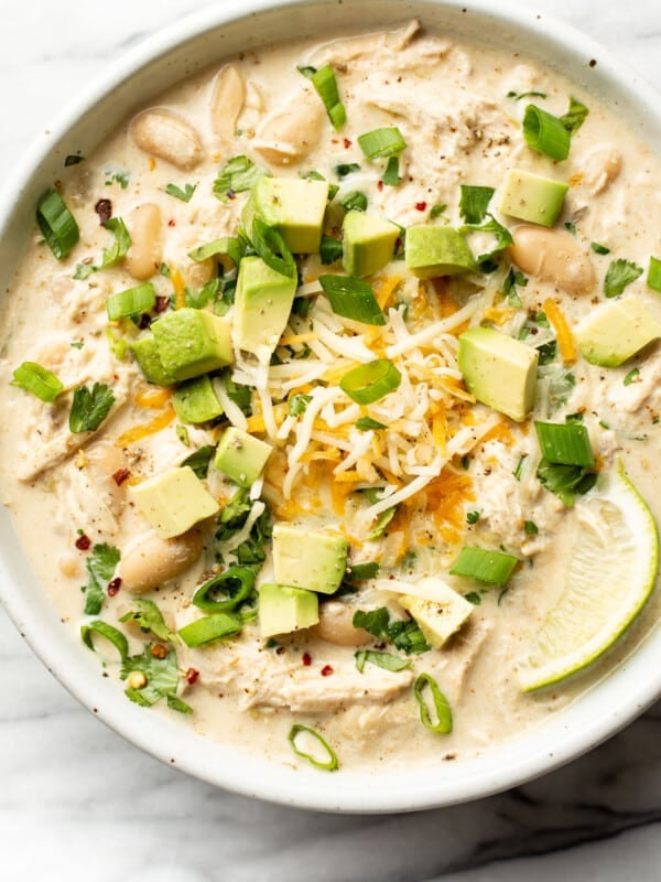 a bowl of slow cooker white chicken chili