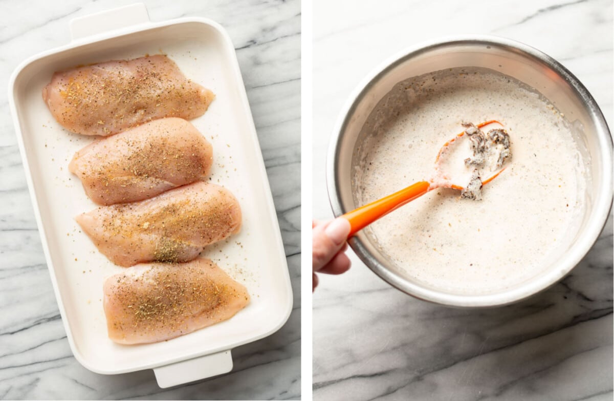 adding chicken breasts to a baking dish and stirring marry me sauce in a prep bowl