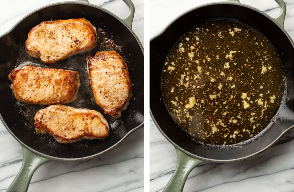 pan searing pork chops and starting white wine sauce