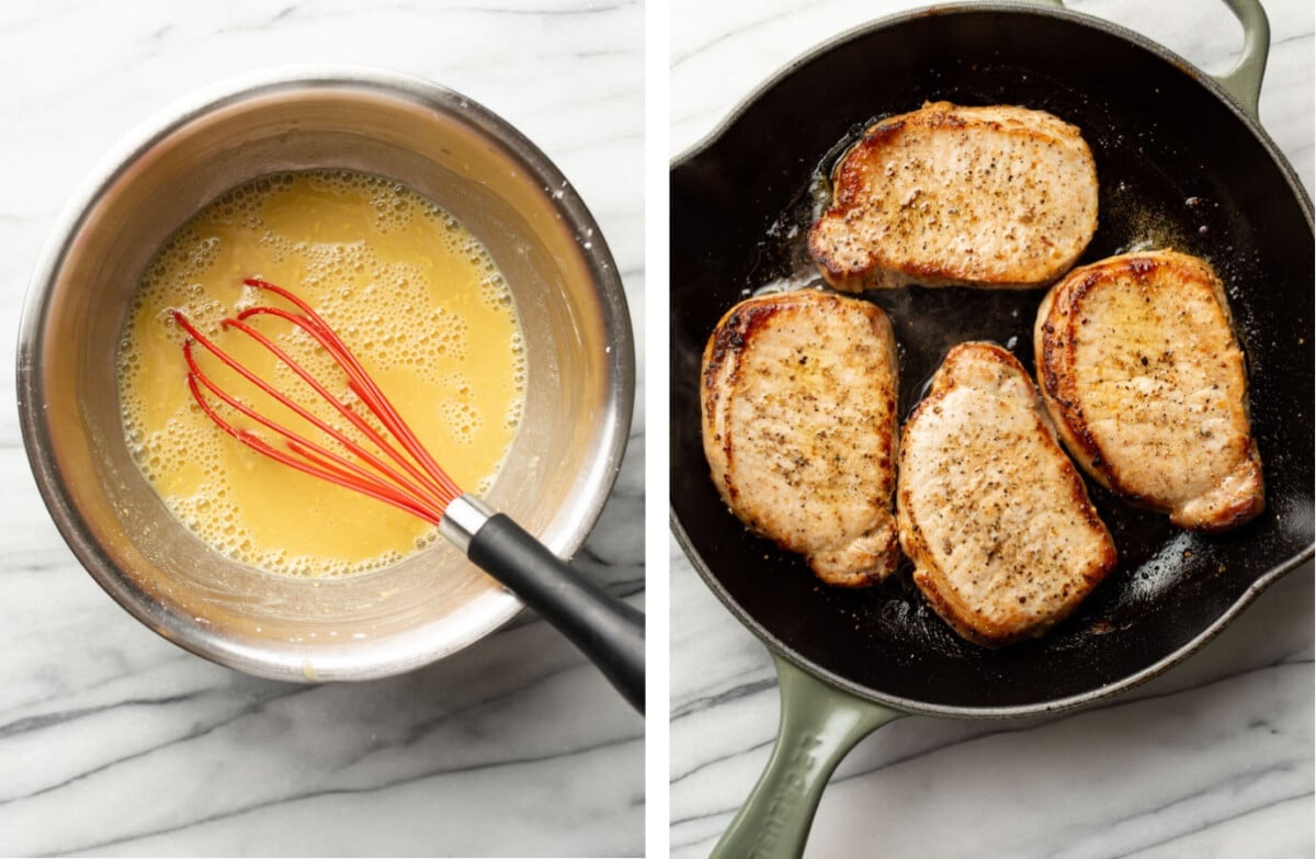 whisking honey mustard sauce in a prep bowl and pan searing pork chops