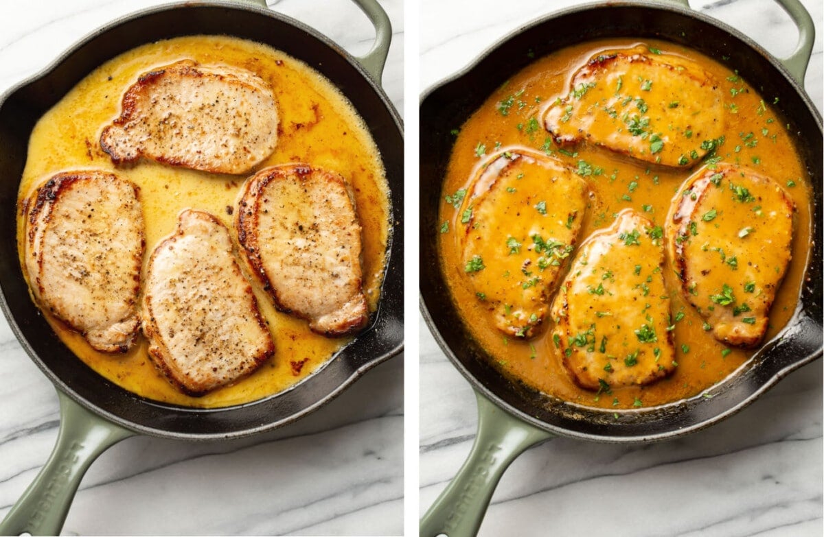 a skillet with honey mustard pork chops before and after cooking