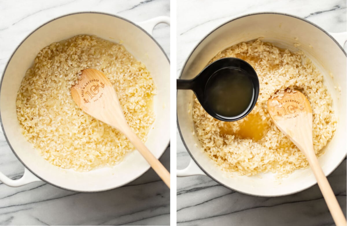sauteing onions and garlic and adding rice and chicken broth to make risotto