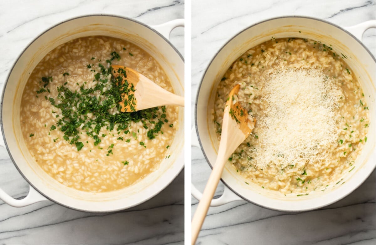 stirring in parmesan and parsley to a pot of risotto