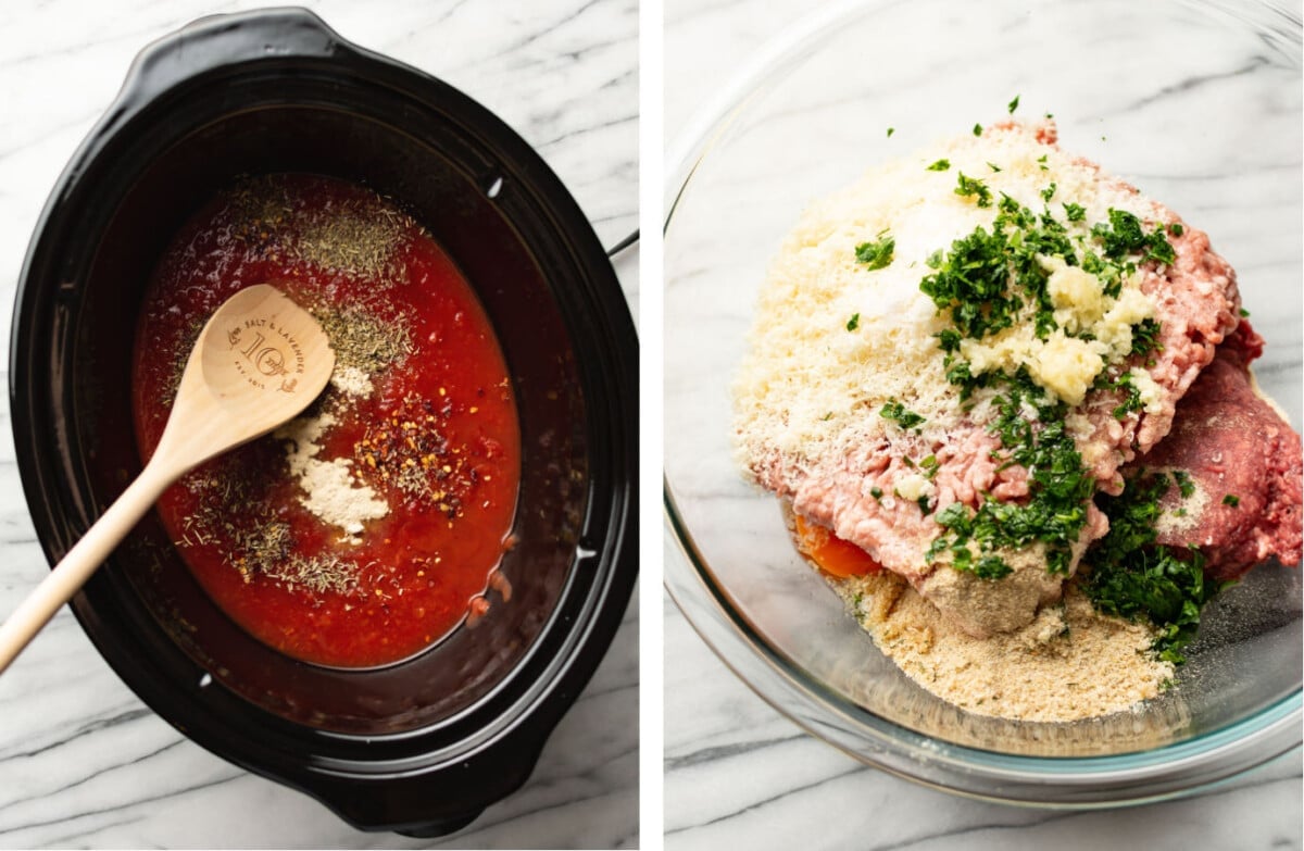 adding tomato sauce to a slow cooking and making homemade meatballs in a prep bowl