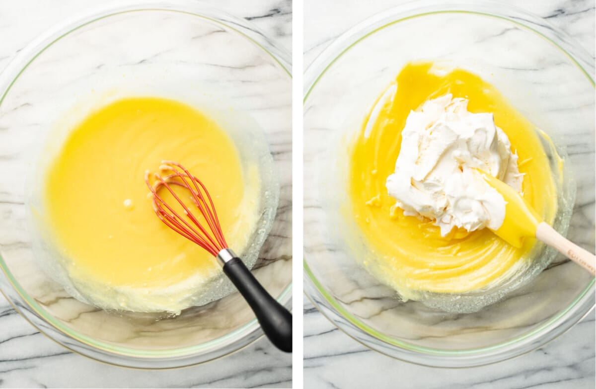 whisking pudding in a prep bowl and adding in cool whip