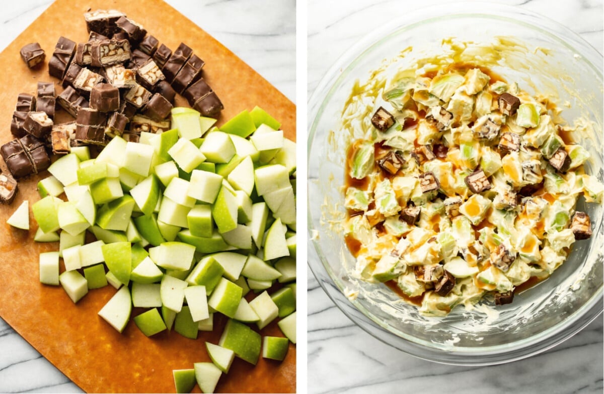 chopped apples and snickers on a cutting board and a prep bowl with snickers salad