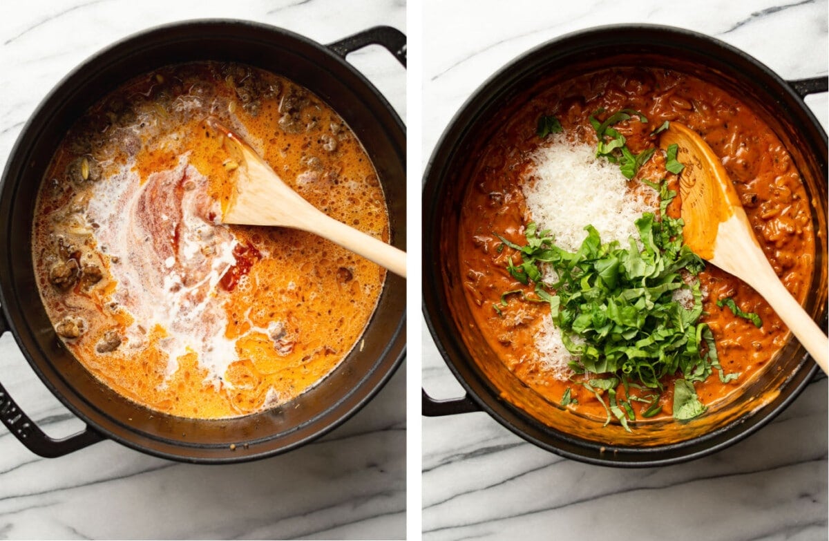 stirring cream, parmesan, and basil into a pot of spicy italian sausage orzo