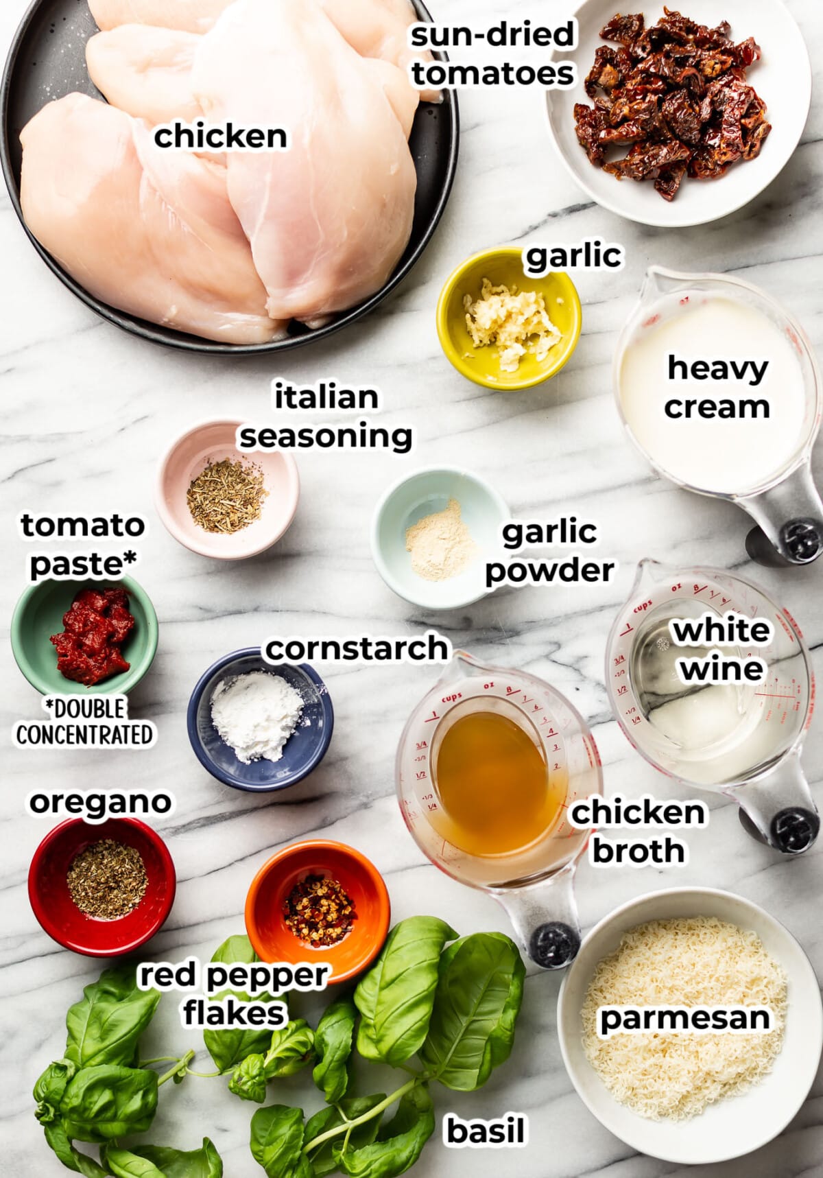 ingredients for baked marry me chicken in prep bowls