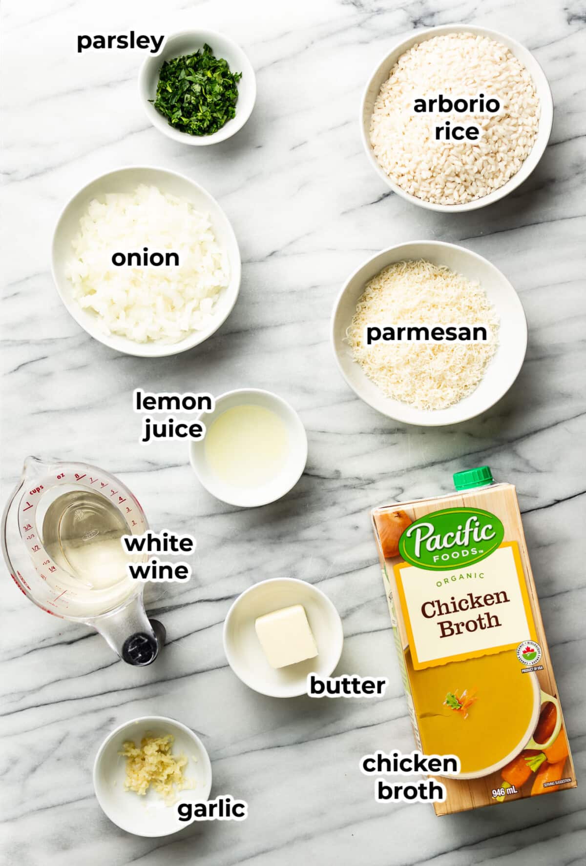 ingredients for risotto in prep bowls