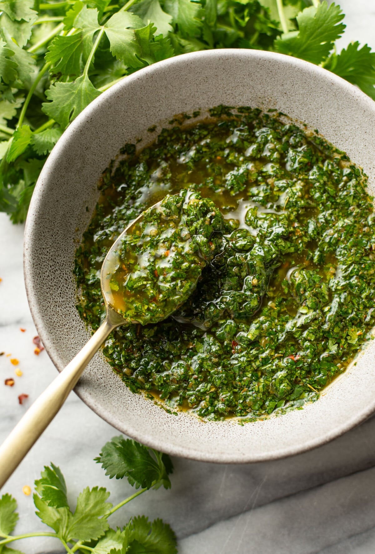 a bowl of homemade chimichurri sauce with a spoon