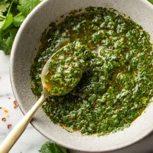 a bowl of homemade chimichurri sauce with a spoon