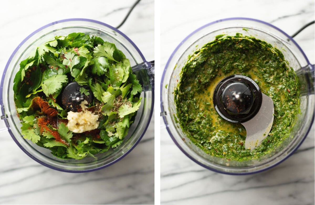 adding herbs to a food processor and blending to make homemade chimichurri