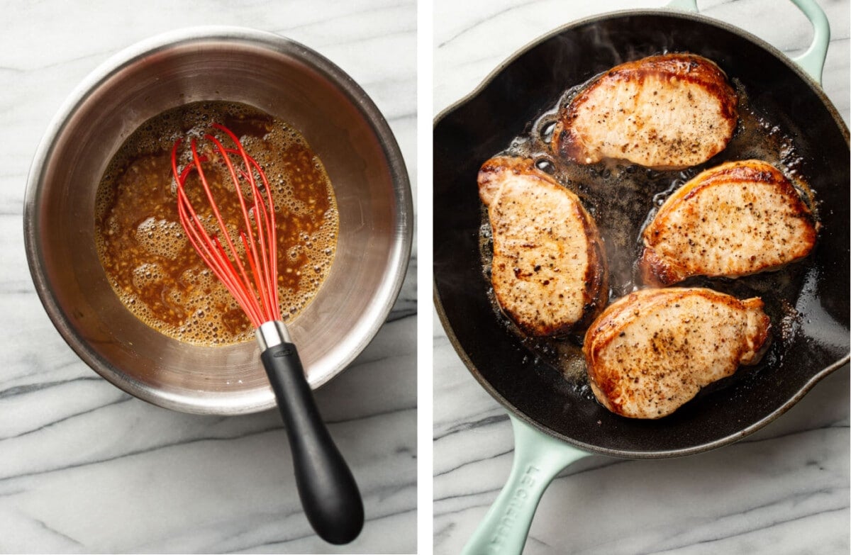 whisking honey garlic sauce in a prep bowl and pan searing pork chops in a skillet