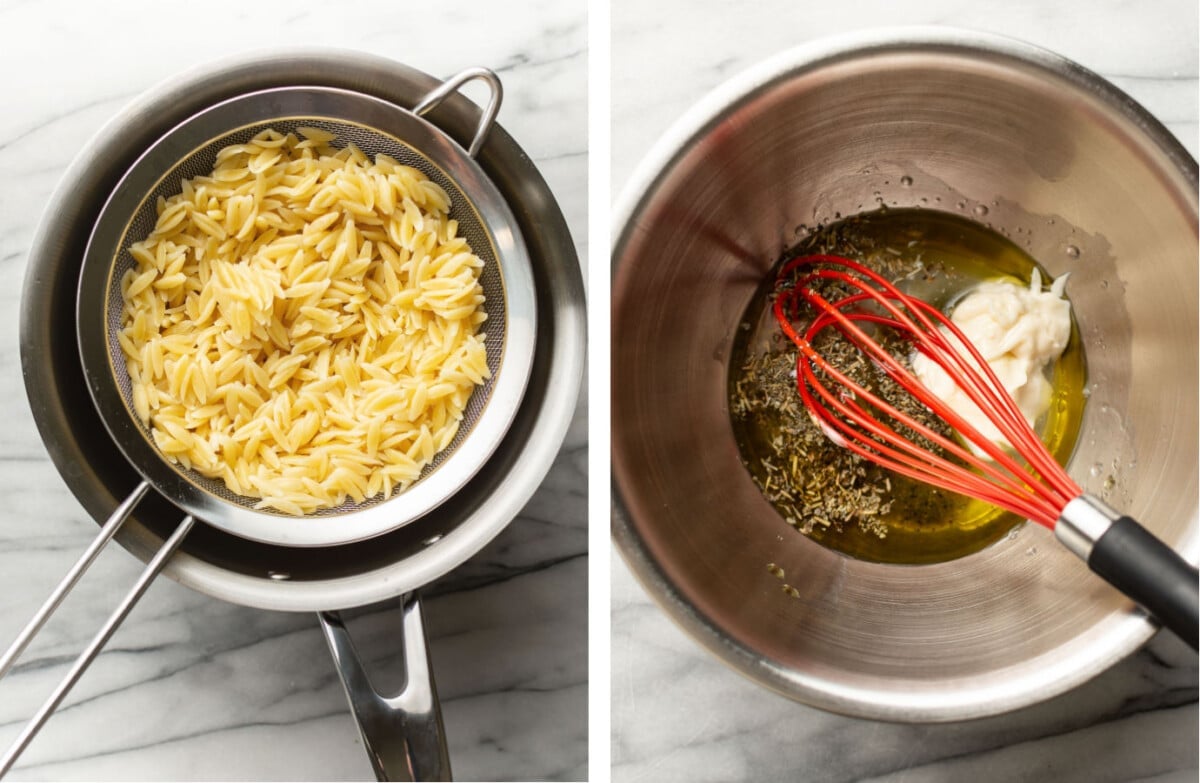 draining orzo pasta and whisking italian dressing in a prep bowl