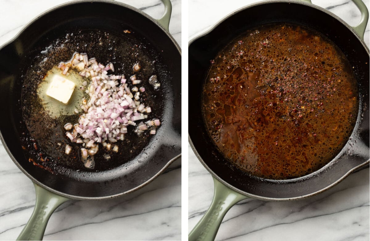 sauteing shallots in a skillet and making brandy sauce