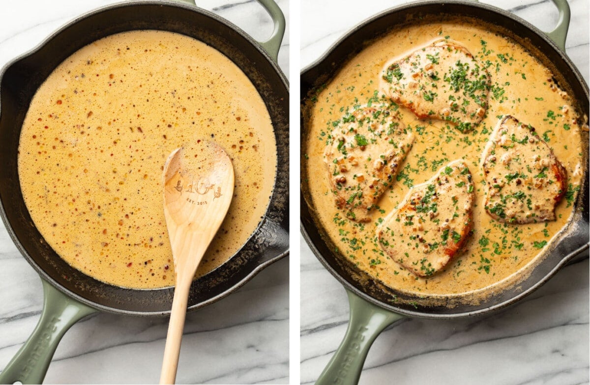 making peppercorn brandy sauce in a skillet and adding pork chops