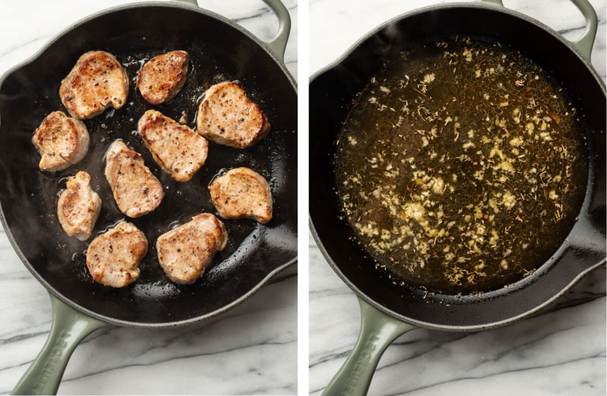 pan searing pork tenderloin medallions in a skillet and making white wine sauce