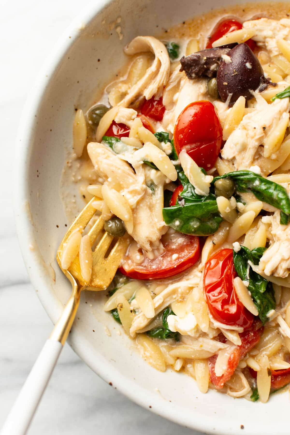 a bowl of mediterranean chicken orzo with a fork