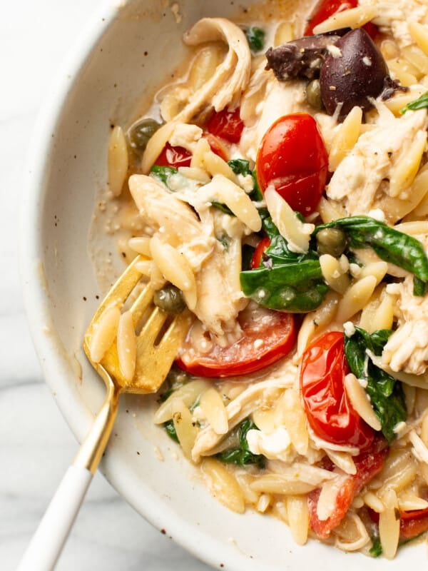 a bowl of mediterranean chicken orzo with a fork