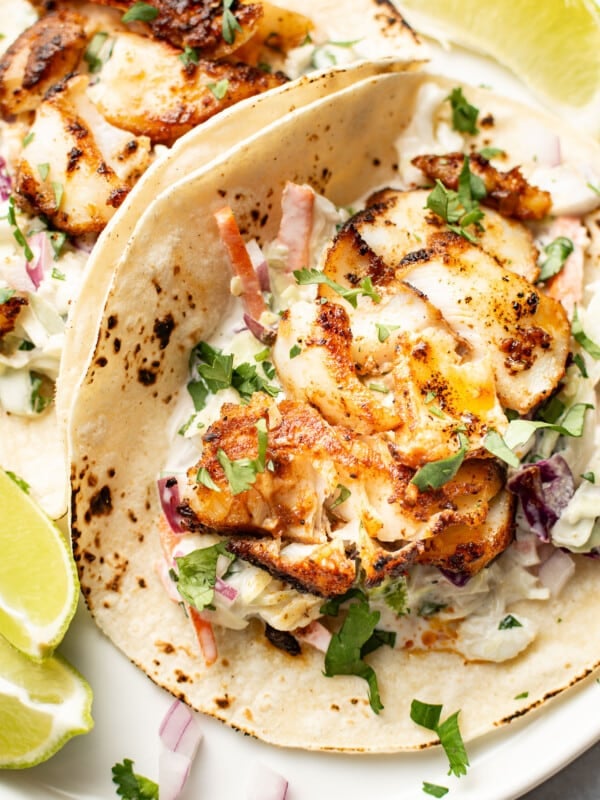 a plate with blackened fish tacos