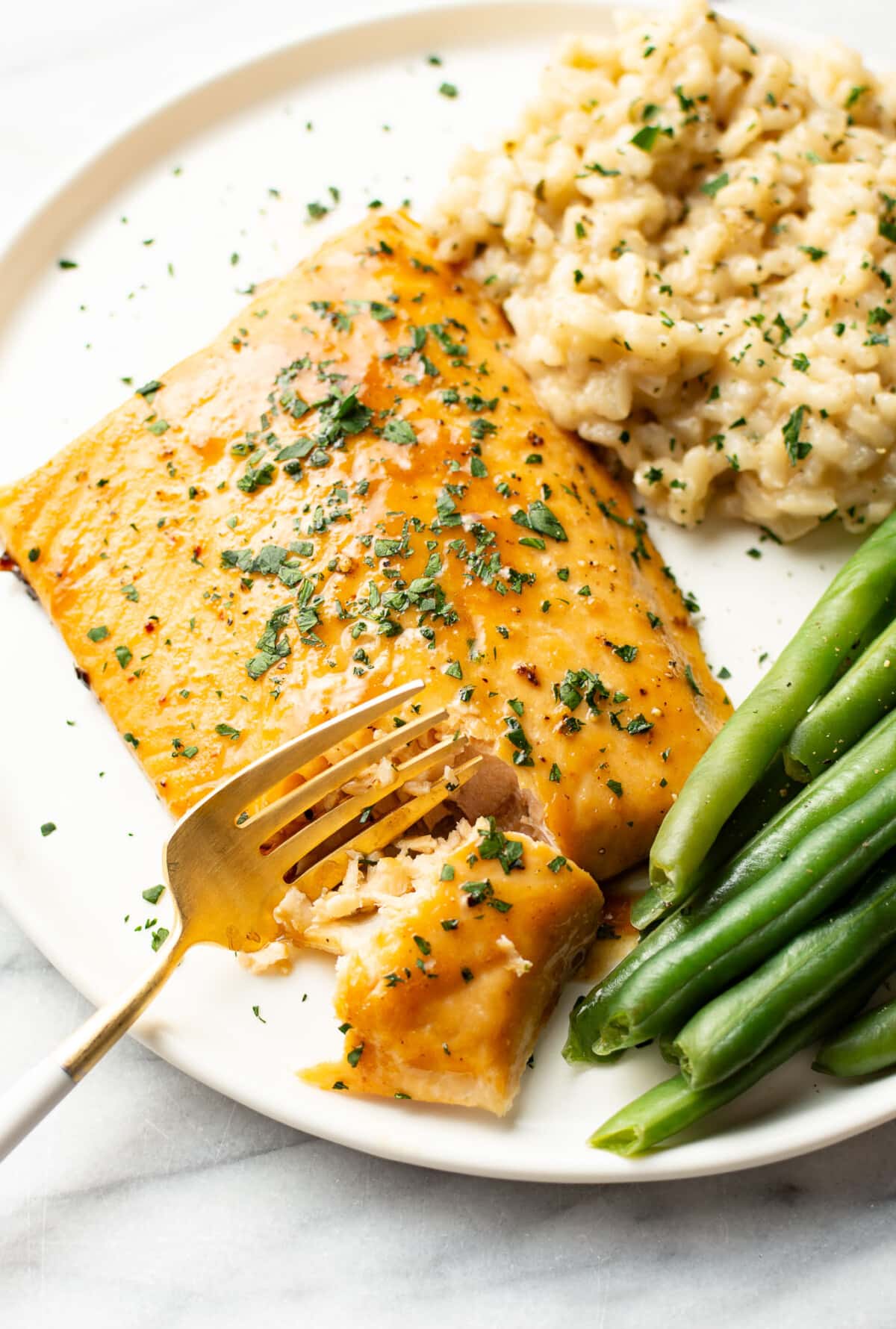 a plate with arctic char, risotto, green beans, and a fork