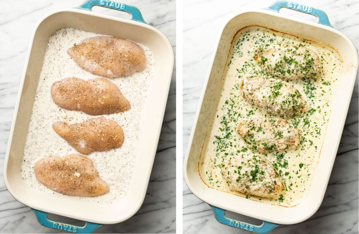 a baking dish with creamy white wine chicken before and after cooking