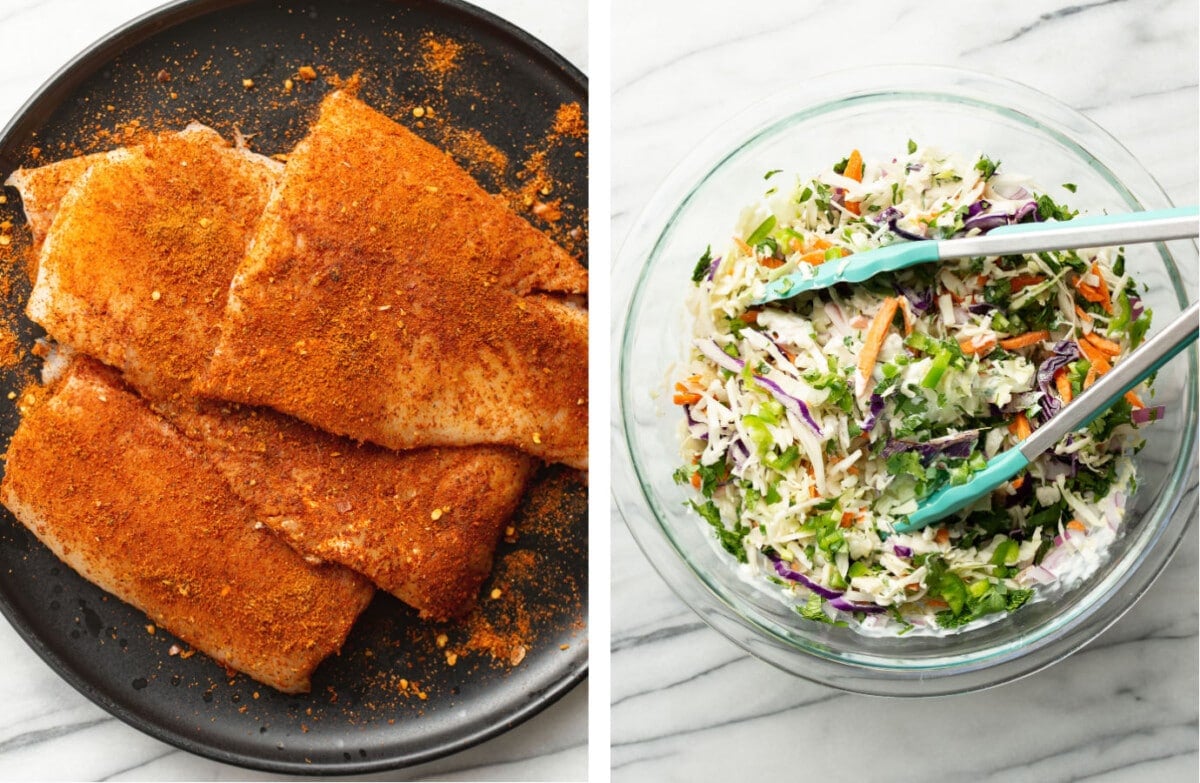 a plate with seasoned cod and making jalapeno slaw in a prep bowl