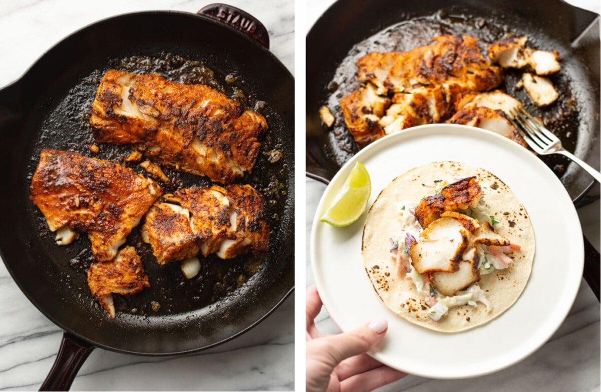 pan searing cod in a skillet and assembling blackened fish tacos