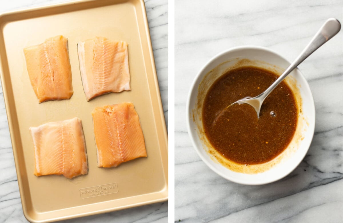 placing arctic char on a baking sheet and making brown sugar dijon glaze in a bowl