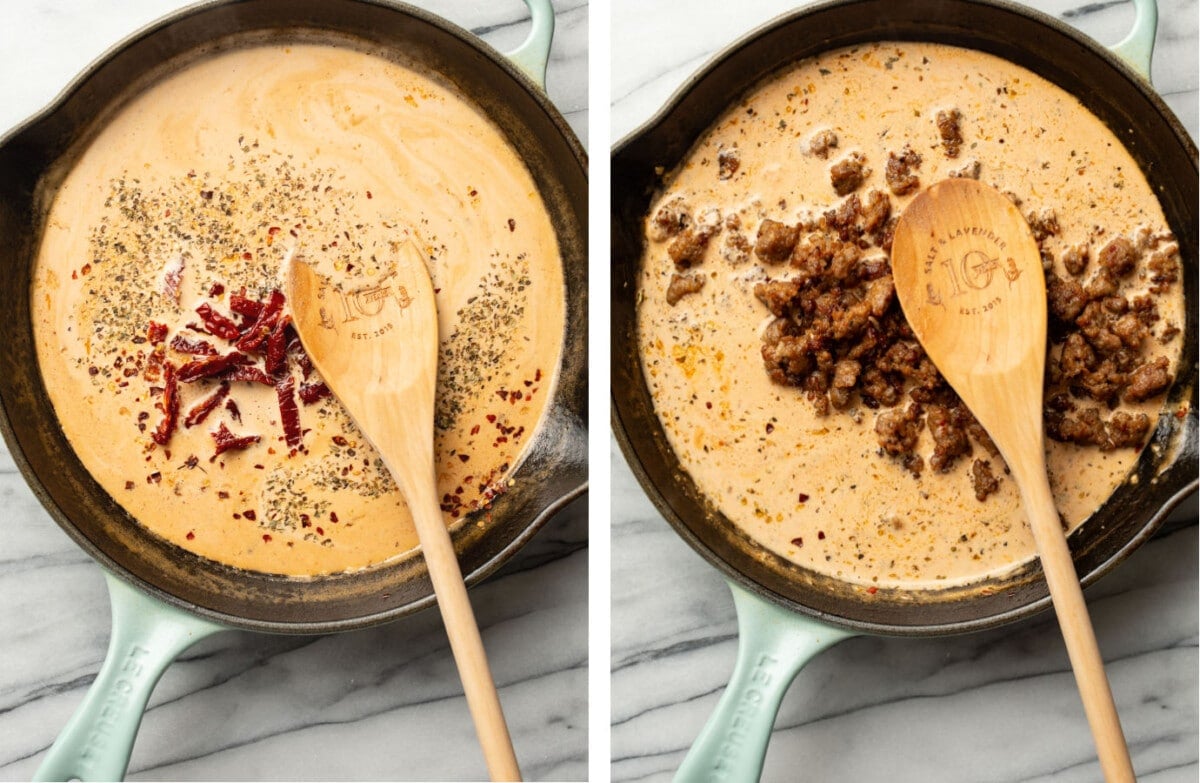 making marry me sauce in a skillet and adding sausage