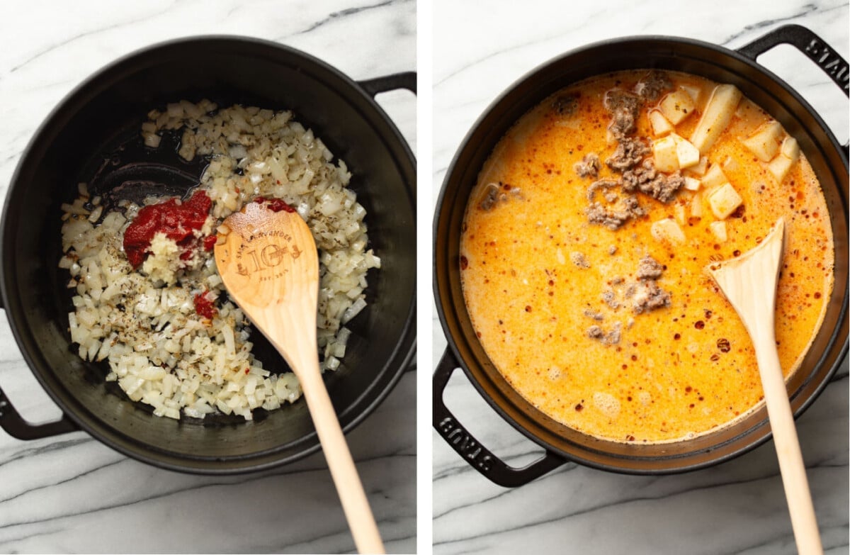 adding tomato paste to sauteed onions in a soup pot and stirring in broth ingredients