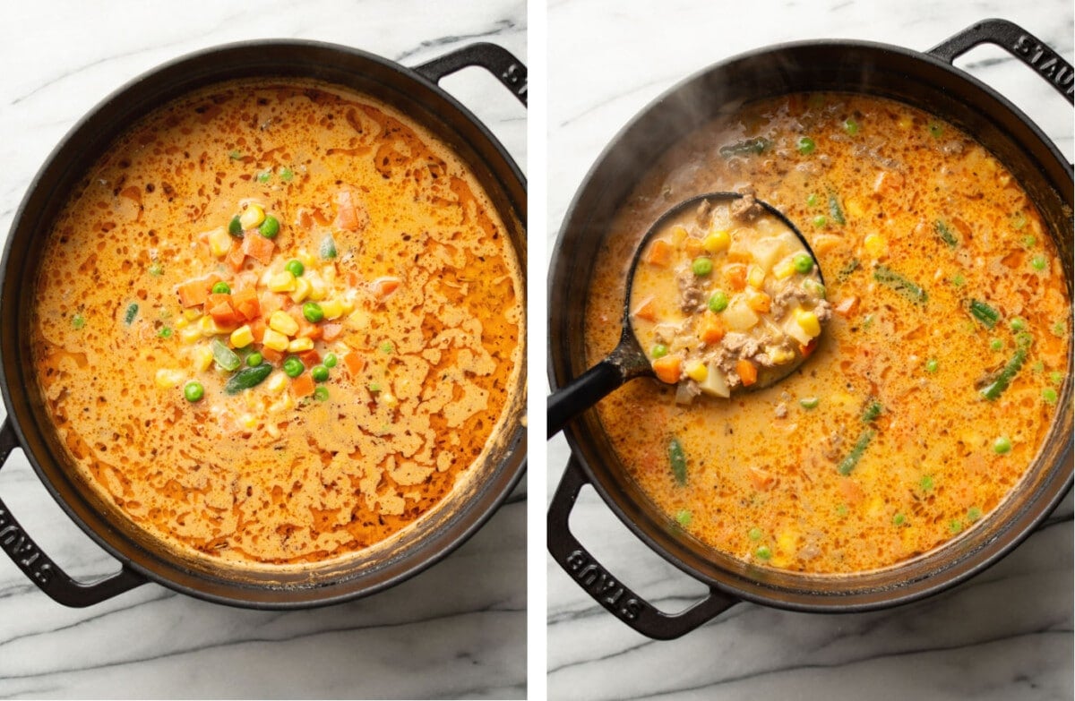 adding frozen vegetables to a pot of shepherd's pie soup and serving it with a ladle