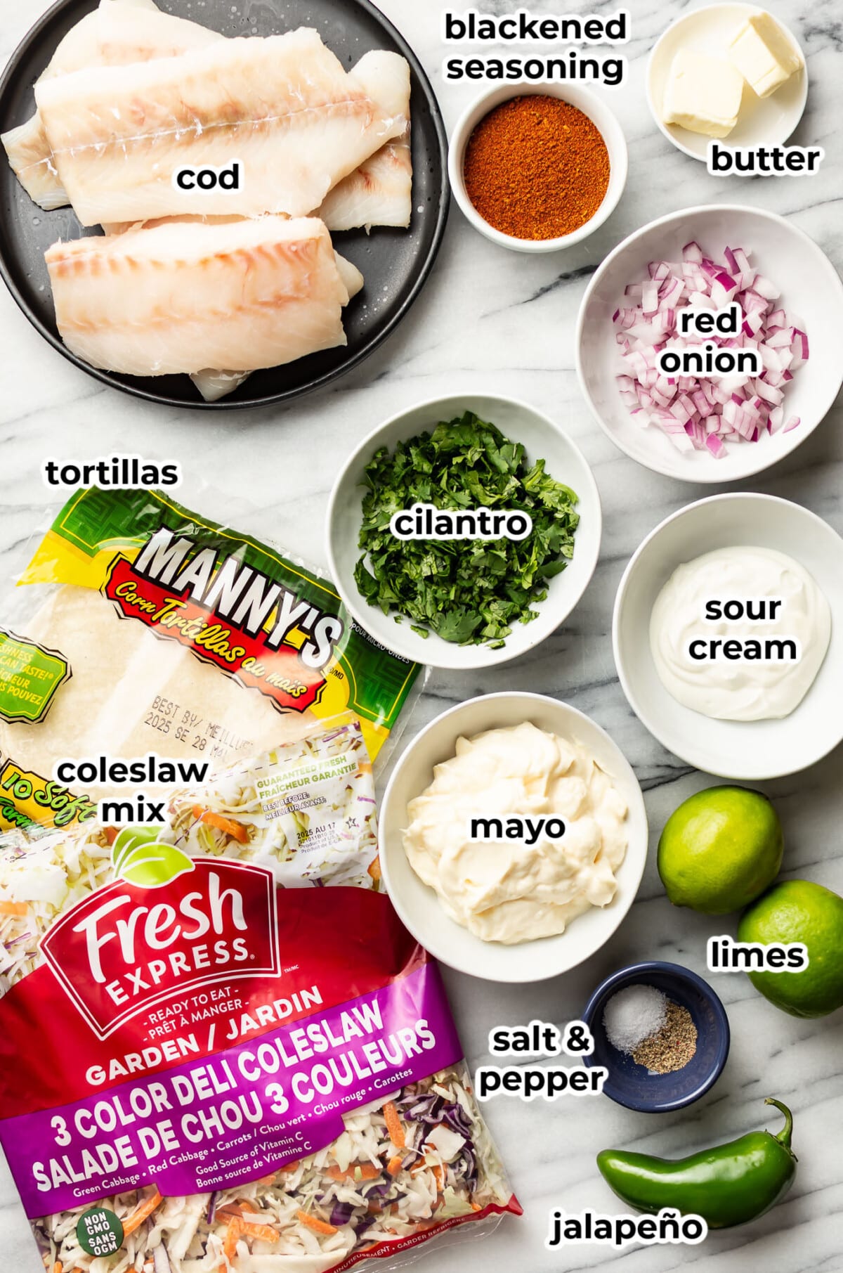 ingredients for blackened fish tacos in prep bowls