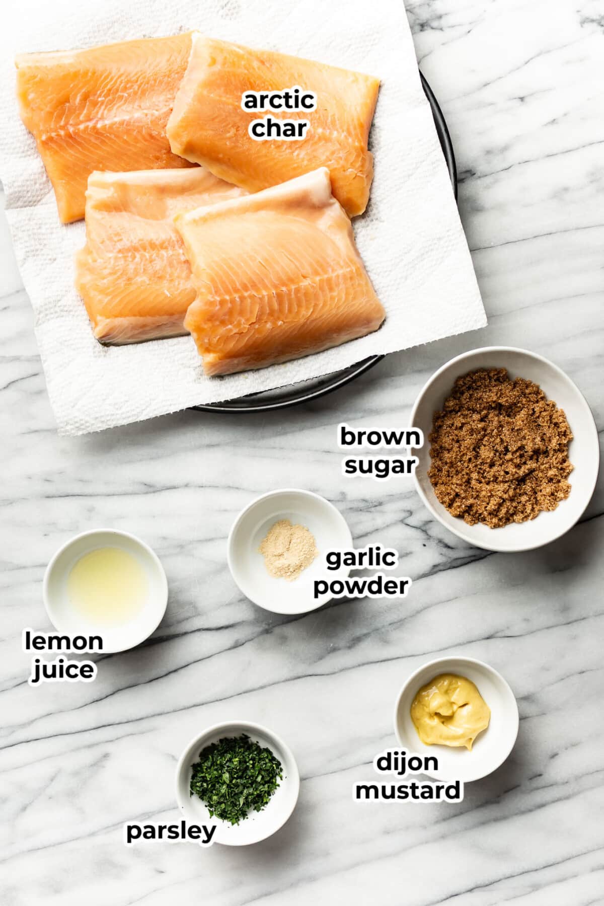 ingredients for brown sugar dijon arctic char in prep bowls